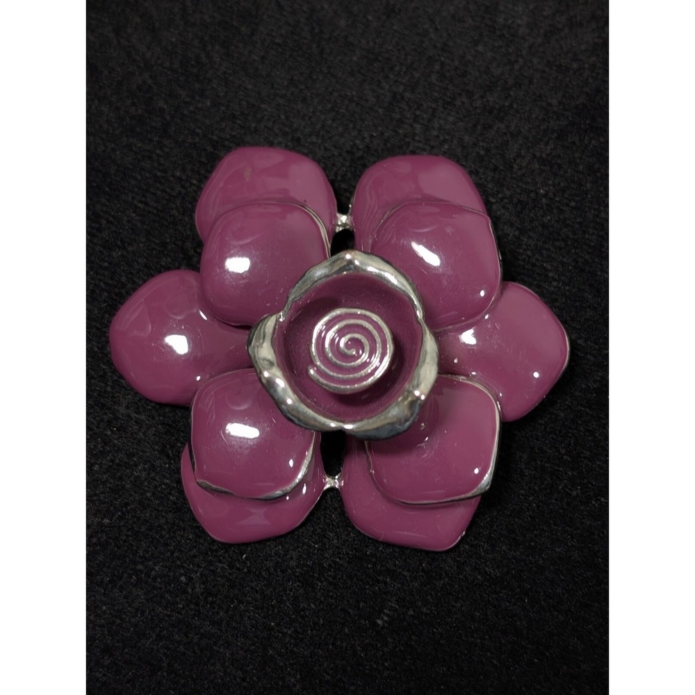 Purple Enamel Flower Brooch 3D Large Silver Tone Pin